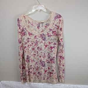 Free People Floral Lace Shirt Women's Large Floral Pink Purple Top Undershirt